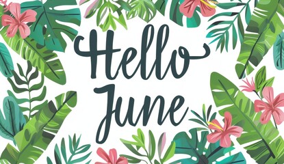 "Hello June", cute text with a tropical summer theme in the style of clip art Generative AI