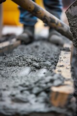 Naklejka premium Close-up image capturing the process of pouring fresh concrete with blurred worker in the background Represents development and construction