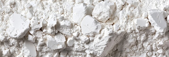 A detailed and textured view of powdered white chalk with visible chunks and fine dust spread out