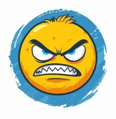 a yellow angry face with blue eyes