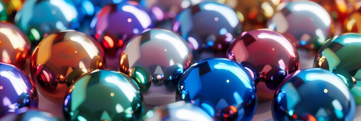 A spectrum of glossy marbles with vibrant reflections in a wide panoramic view