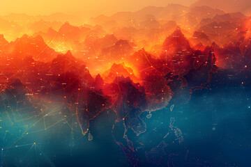 Asia Map Digital Background - Orange Teal Mint Colors - Modern Cityscape Illustration - obrazy, fototapety, plakaty