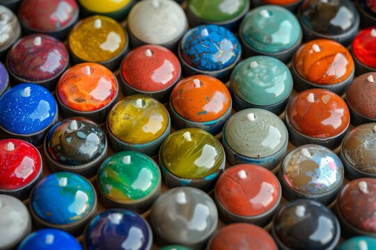 A meticulously arranged presentation of round, multicolored fridge magnets, highlighting intricate designs
