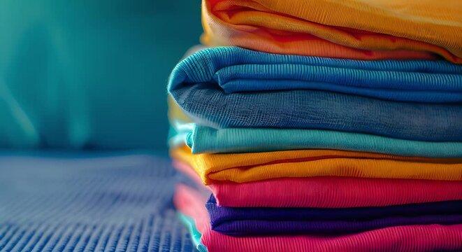 Closeup of colorful shirts stacked neatly on a blue table. Concept Product Photography, Colorful Clothing, Close-up Shot, Neatly Stacked Shirts, Blue Table