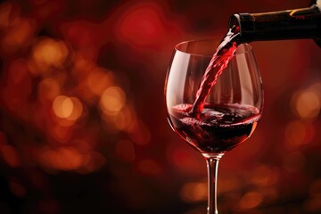 Red wine pouring into wine glass close up. Copy Space. Free Space