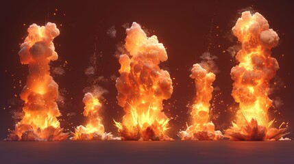 Animated comic energy explosion. Modern illustration set of cartoon flame, smoke cloud, speed hit VFX effect, and promo flash blast.