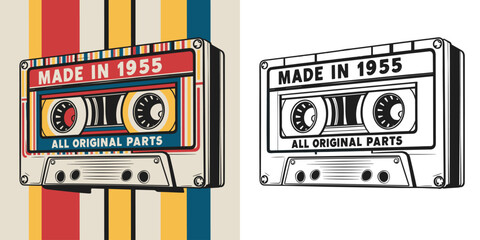 2024 cassette tape old school retro vintage vector design, made in 1955
