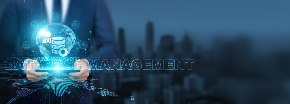 Database management technology, Businessman using of database management technology with tablet on global network, efficiency and productivity, Global connectivity and data storage.