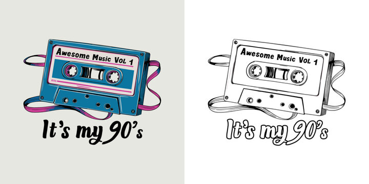 2024 cassette tape old school retro vintage vector design, awesome music