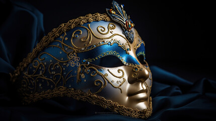 Elegant and delicate Venetian mask over blue dark background, generative ai
