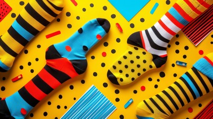   A collection of vibrant socks, arranged on a yellow background, adjacent to a pair of blue and red socks