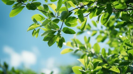 Obraz premium Fresh green leaves with blue sky background, nature and environment concept