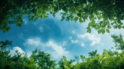 Green leaves and blue sky background with space for text or image