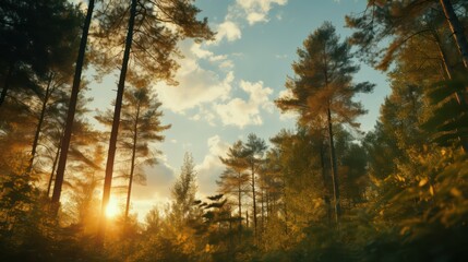 Sunset in the pine forest. Beautiful nature background with sun rays