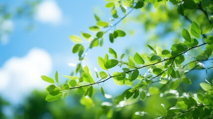 Fresh green leaves with blue sky background, nature and environment concept