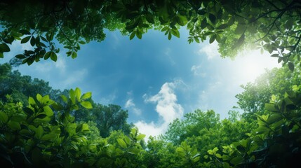 green leaves and blue sky background in the forest with copy space