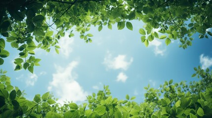 Green leaves on blue sky and white cloud background with copy space