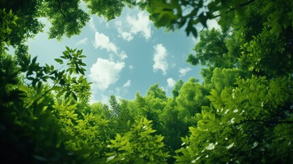 Green leaves and blue sky with white clouds. Abstract nature background