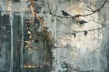 Mixed media art Gray layers and delicate Thai elements. Abstract style