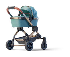 Green leather baby stroller on transparent background. 3D render front right view