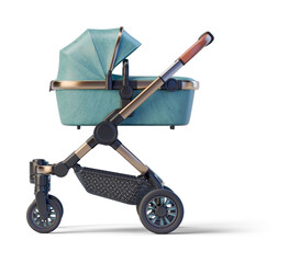 Green leather baby stroller on transparent background. 3D render left view