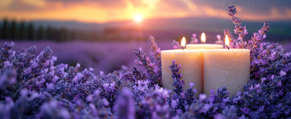 Banner, lavender flowers and burning candles against the backdrop of a lavender field at sunset. Lavender for making aromas, perfumes, soothing incense.
