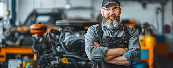 Experienced mechanic with beard in garage