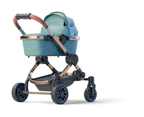 Green leather closed baby stroller on transparent background. 3D render front right view