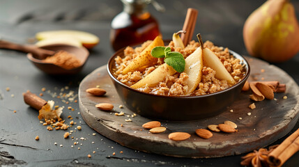 Poached pears with cinnamon, almonds, and crumble topping, gourmet dessert presentation on a dark slate background.