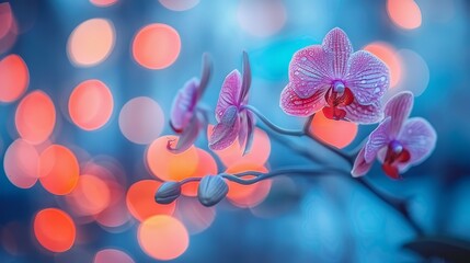   A macro shot of a flower on a branch against a backdrop of softly blurred lights