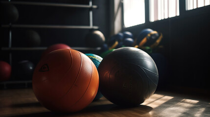 Fitness ball in gym and different sports equipment, generative ai