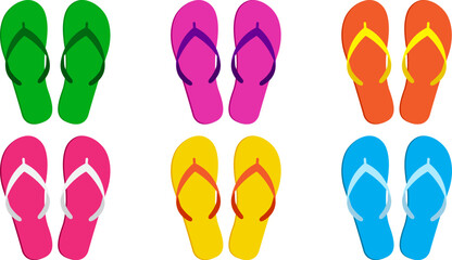 Summer flip flop icon, beach slipper, sand sandal, colorful pool shoe set, cartoon rubber footwear isolated on white background. Comic vector illustration