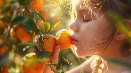 A young girl intimately engaging with the scent of a fresh citrus fruit in a sunlit grove. A young girl inhales the fresh scent of an orange amidst the warm glow of a citrus grove at sunset. AIG50