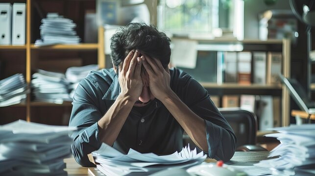stressed businessman with stack of accounting documents on cluttered desk office work overload concept
