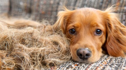   A tight shot of a dog reclining on a couch, its head adorned with a stack of hay