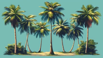 Modern illustration set of colorful palm trees. Modern illustration set of tropical palm trees, green floral botanicals.