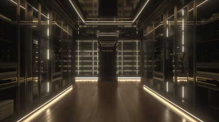 A walk-in closet with custom-built shelves, mirrored doors, and soft LED lighting.