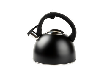 Stainless steel stovetop kettle with whistle isolated on white background. Black retro teapot.