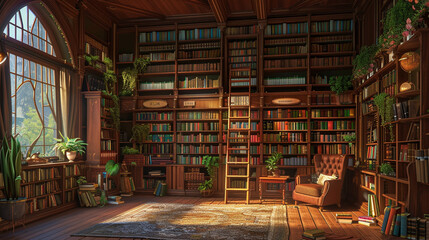 A warm and inviting library with floor-to-ceiling bookshelves and a cozy reading chair.