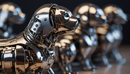 Naklejka na ściany i meble team of futuristic robot metal dogs. Close-up.