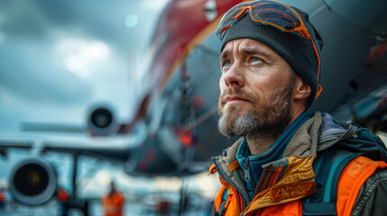 Fototapeta premium Airport technician refueling the plane, outdoors area of airport