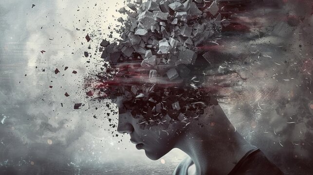 surreal digital illustration depicting persons head exploding into fragments symbolizing psychological turmoil and mental breakdown