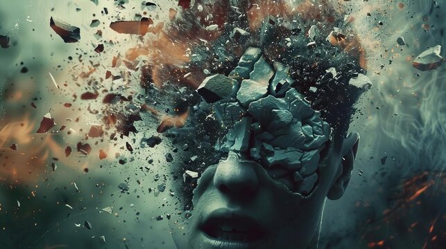 surreal digital illustration depicting persons head exploding into fragments symbolizing psychological turmoil and mental breakdown