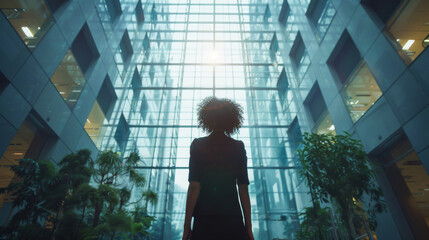 Business woman looking up at the glass ceiling and walking alone in the atrium of a modern office building