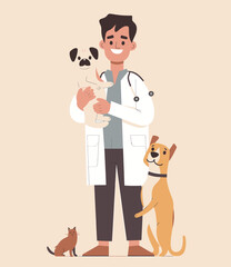 a man in a lab coat holding a dog and a cat