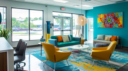A colorful, contemporary office space with pops of bright teal and yellow against a backdrop of...