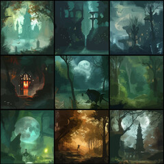 a series of pictures of a forest with a castle in the background