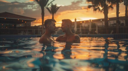 Gay couple in the swimming relaxing in the pool, enjoying love, hot summer day, LGBTQ+ - Powered by Adobe