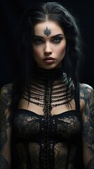 Mysterious gothic woman with dark makeup and tattoos