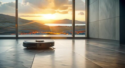 Robot vacuum cleaning a dirty floor in an apartment. Concept Robot vacuum, Cleaning technology, Home appliances, Smart devices, Modern living